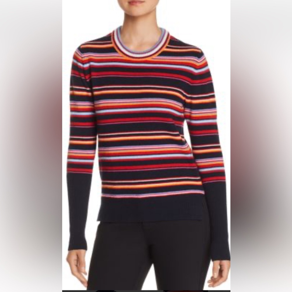Tory Burch Kit striped crewneck sweater with navy contrast arm. Wool/Cashmere
